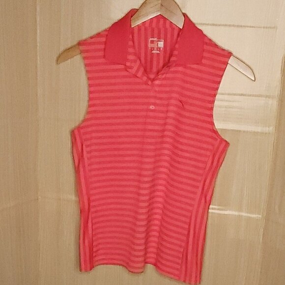 Puma Pink Striped Sleeveless Polo Shirt Large - Picture 1 of 4
